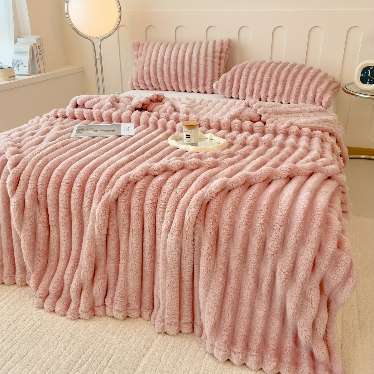 Ultra-Soft Faux Rabbit Fur Throw Blanket with Stripes, Machine Washable, Non-Shedding
