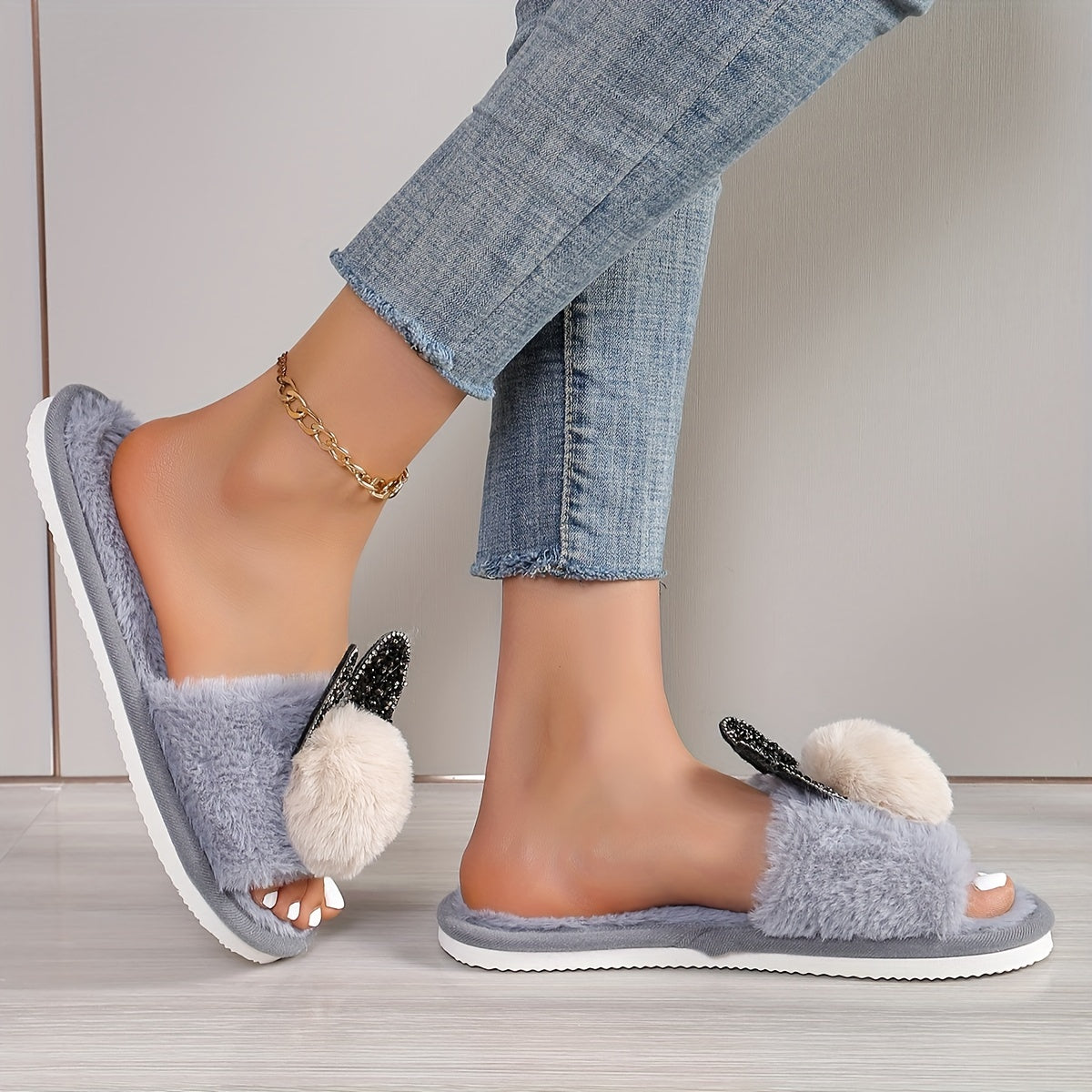 Zapatillas con orejas de conejo con purpurina para mujer, interiores, para todas las estaciones, con felpa de peluche, zapatos de casa de EVA