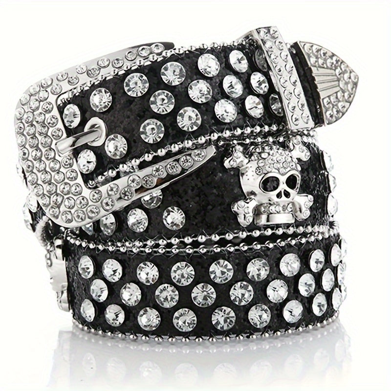 Cowboy Cowgirl Rhinestone Skull Rivet Belt Sequin PU for Hip Hop Jeans