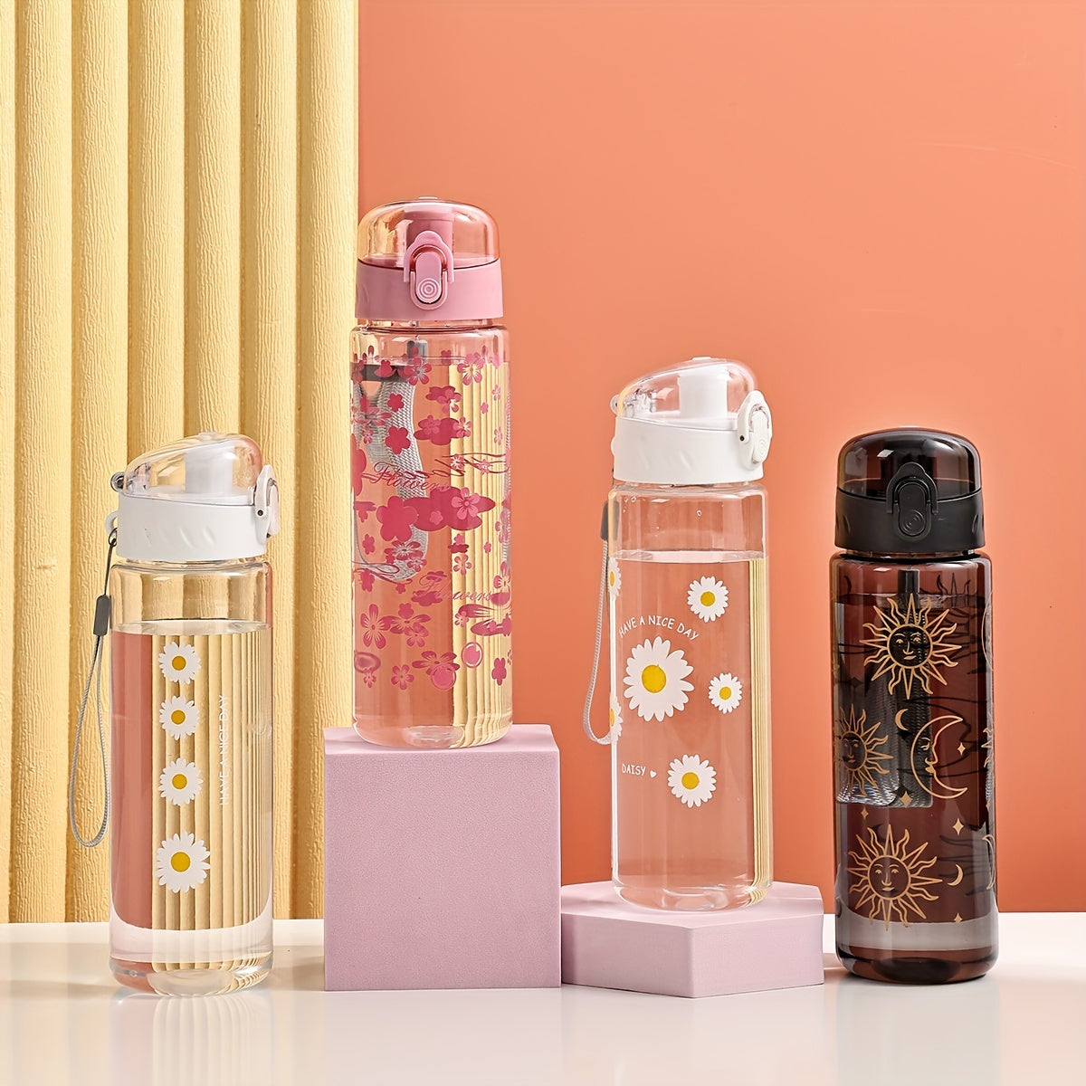 Бутылка для воды Celestial Design объемом 18,6 унций, портативная, прочная, из ПК-пластика, без ПВХ, с черной крышкой и белым ремешком