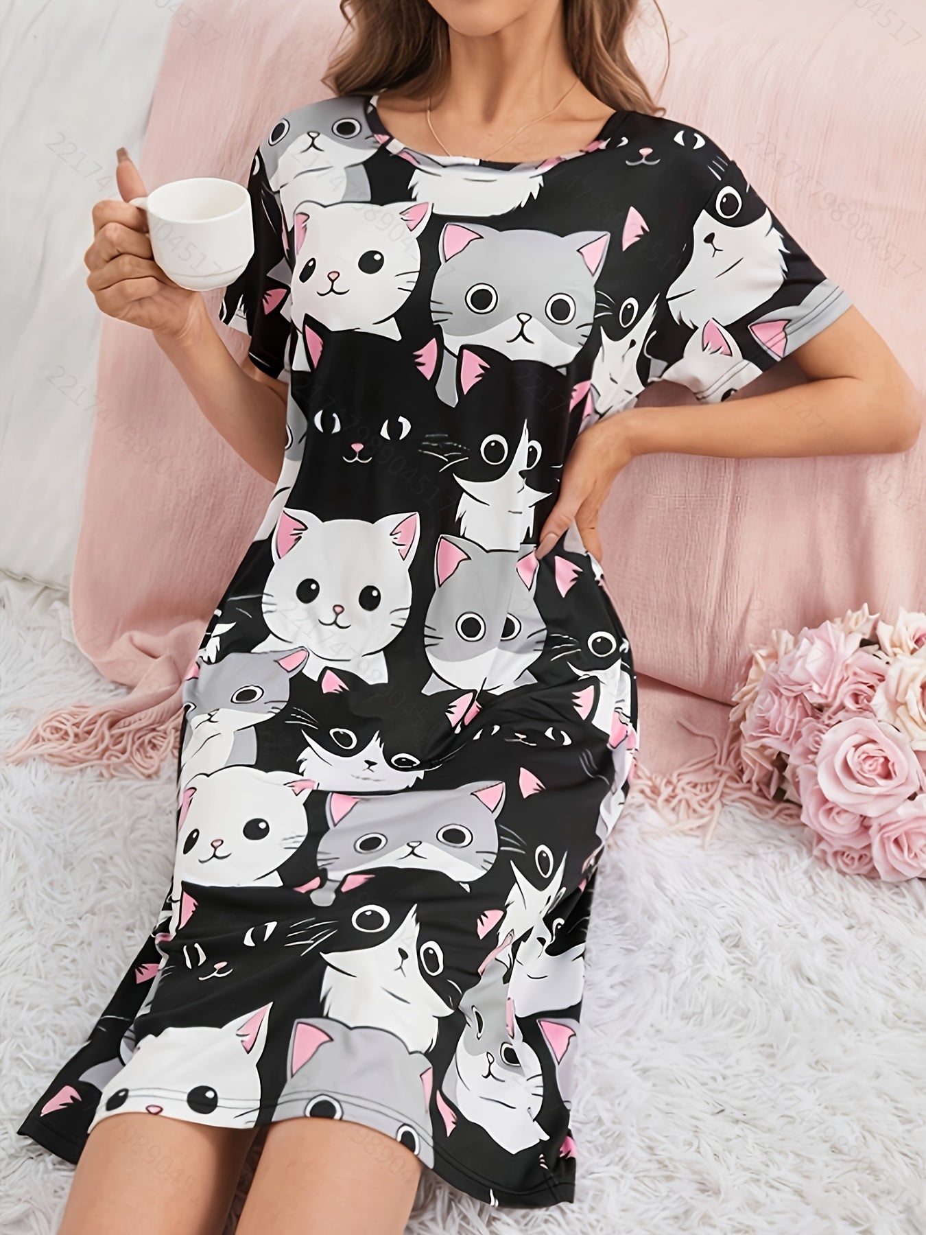 Women's Knee-Length Sleep Dress with Cute Cat Print Polyester Elastane All-Season