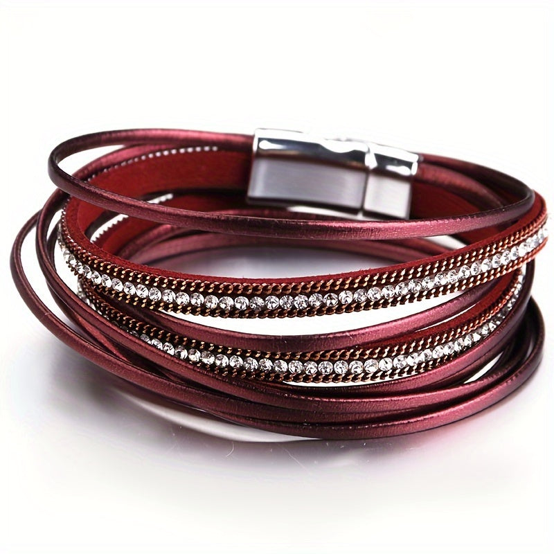 Multi-Layer Faux Leather Bracelet for Men Women Double Wrap Rhinestones Gift