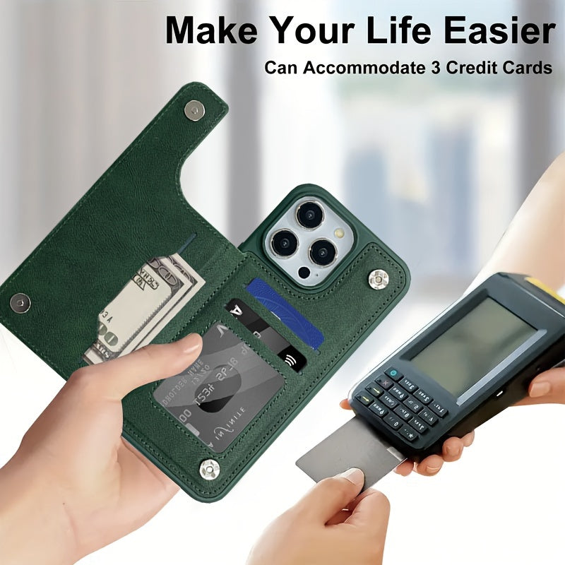 Faux Leather Phone Case with Card Wallet Magnetic Button for iPhone Models