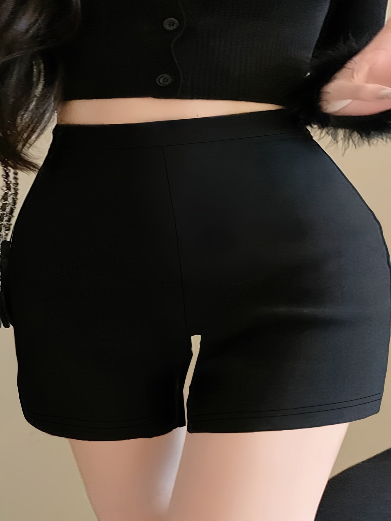 Plus Size Elastic Leggings Black Solid Color Medium Stretch Straight Leg