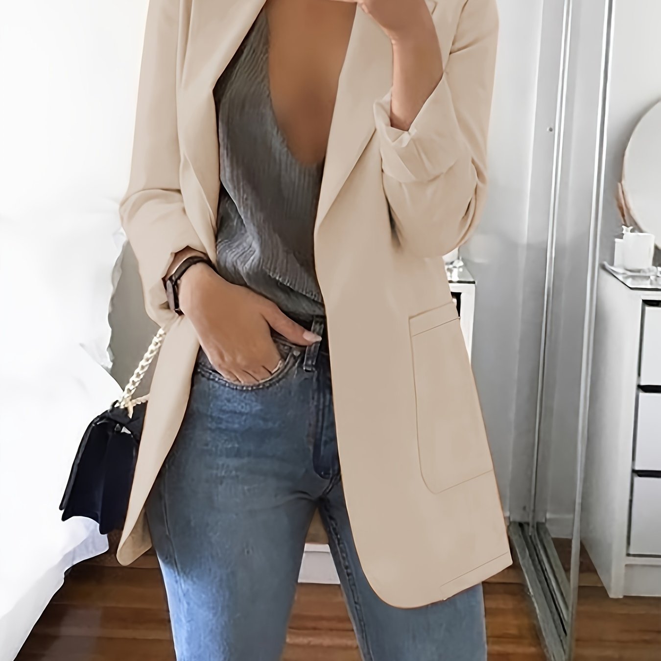 Women's Solid Color Suit with Collar and Slim Fit Cardigan for Spring and Autumn