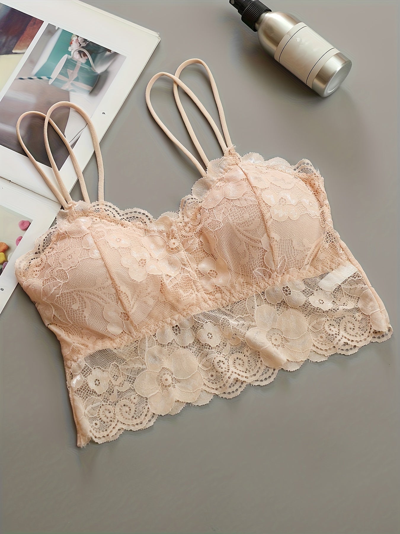 Women's Wireless Lace Bra with Double Shoulder Straps and Soft Padded Navel Top