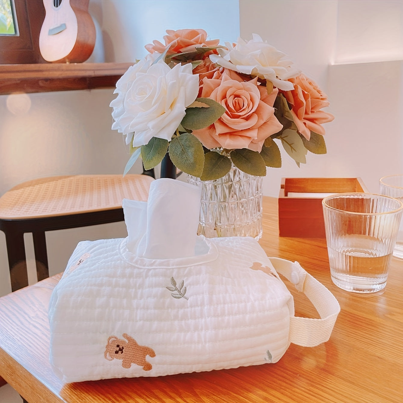 Beige Embroidered Wet Wipes Dispenser Hangable for Diapers Strollers Travel