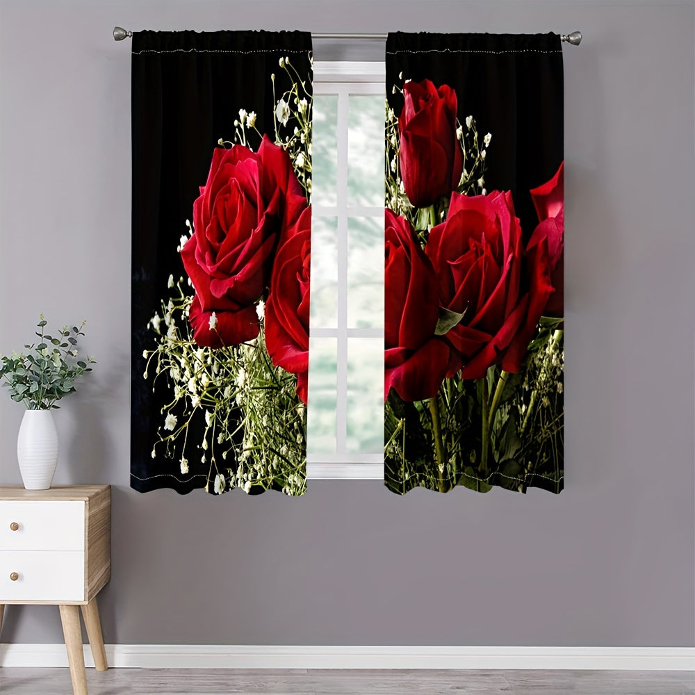 Red Rose Themed Curtains for Privacy and Decoration, Translucent, Romantic Style