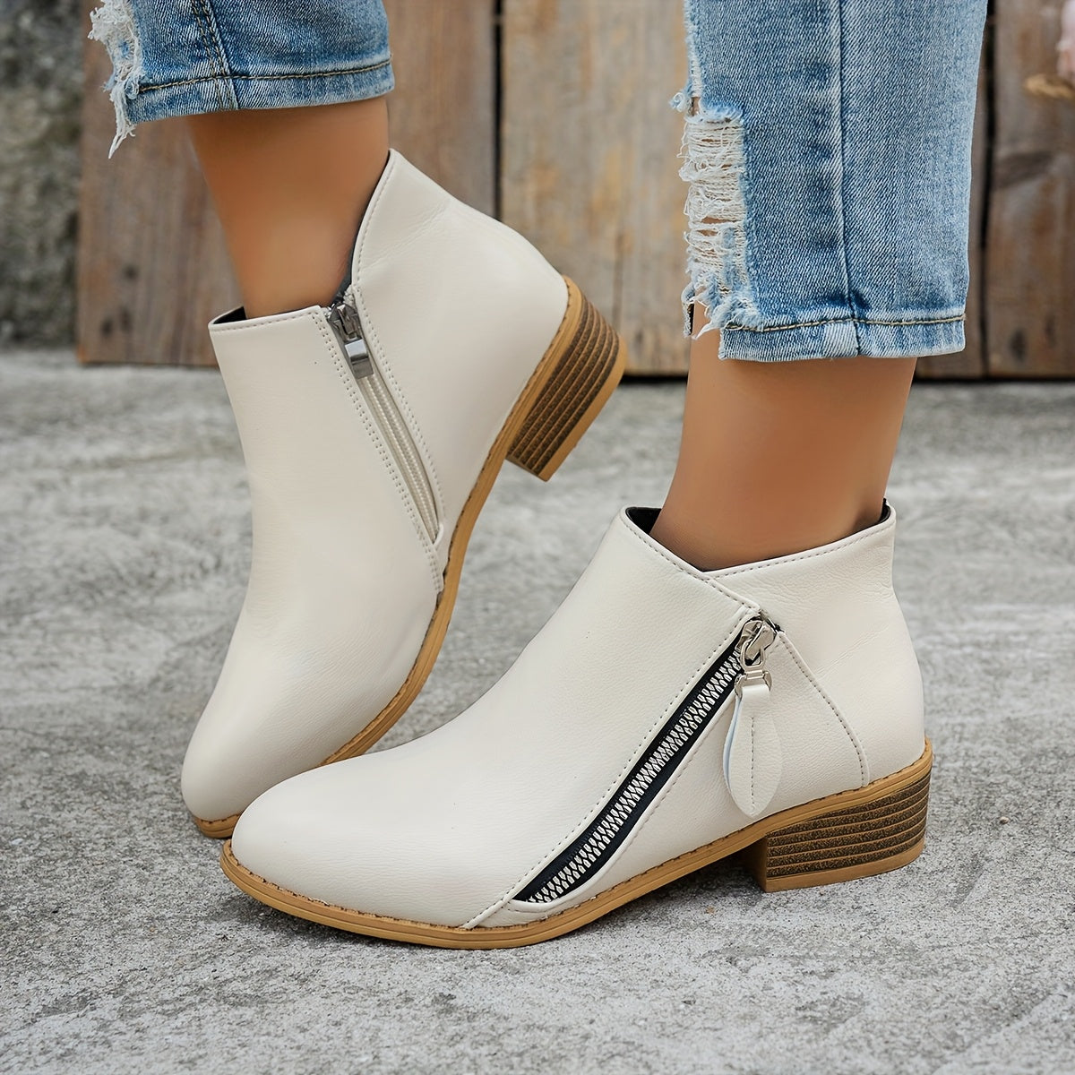 Women's Solid Color Ankle Boots With Thick Sole Wedge Back Zipper