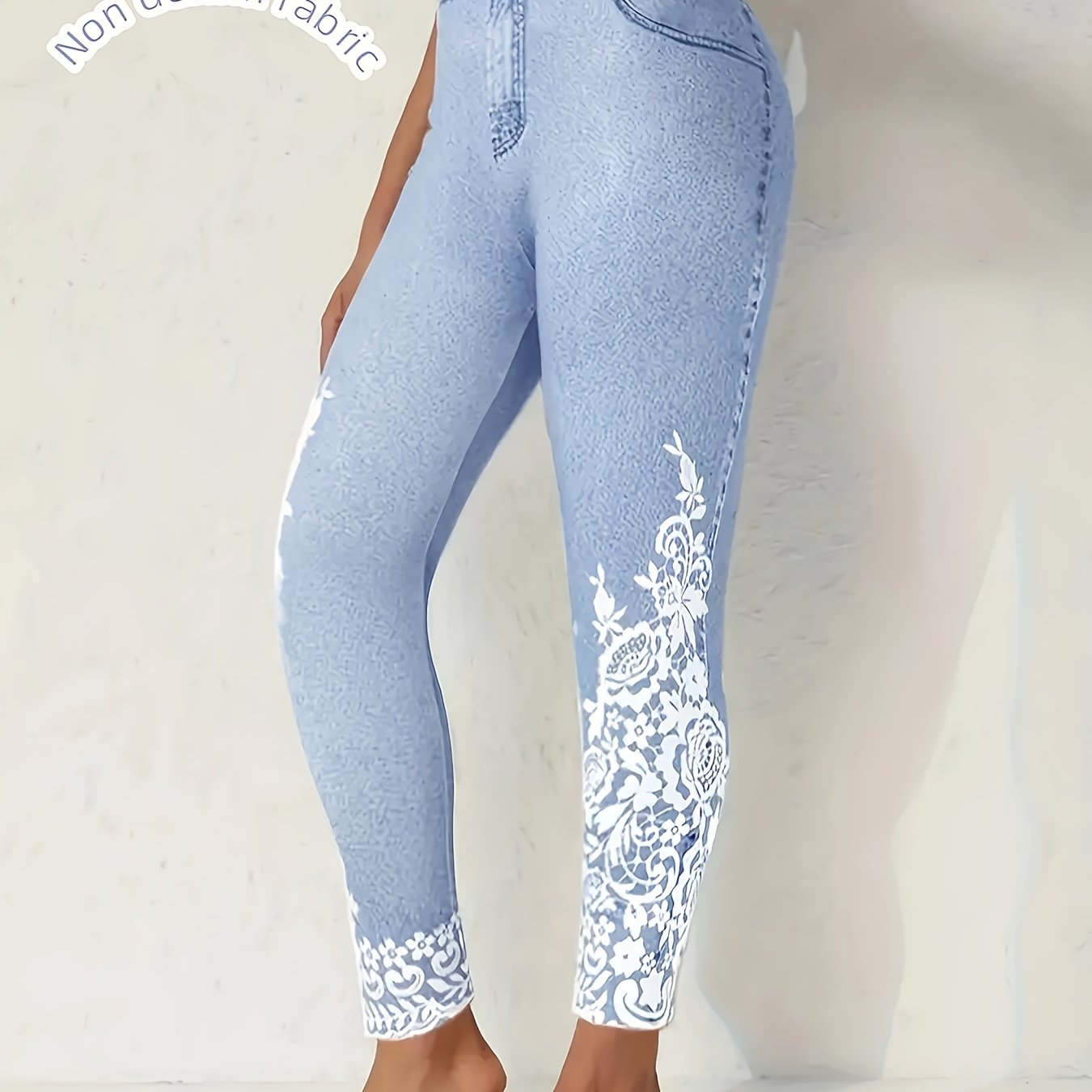 Plus Size Denim Print Faux Pocket Skinny Pants Breathable Stretch Trousers