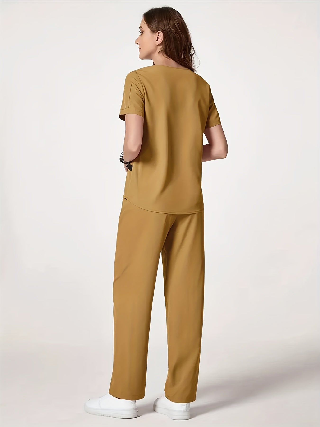 Мужской и женский медицинский костюм: топ с V-образным вырезом и штаны, однотонный полиэстер, для всех сезонов