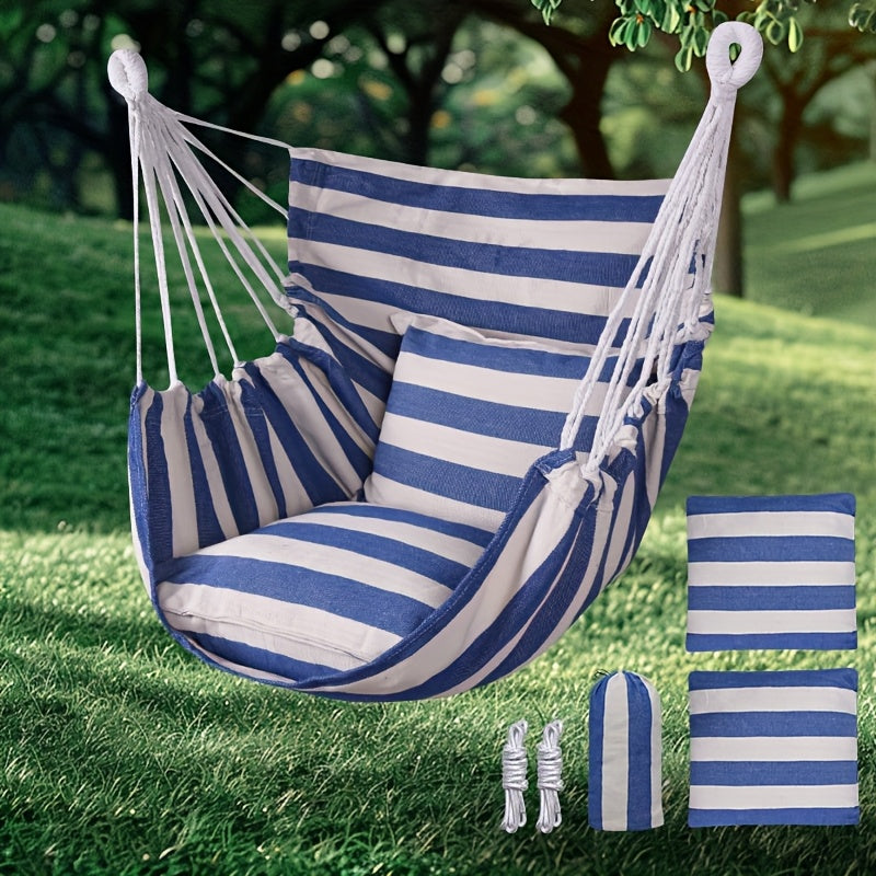 2 Outdoor Hammocks with Striped Pillows Portable Foldable for Camping and Relaxation