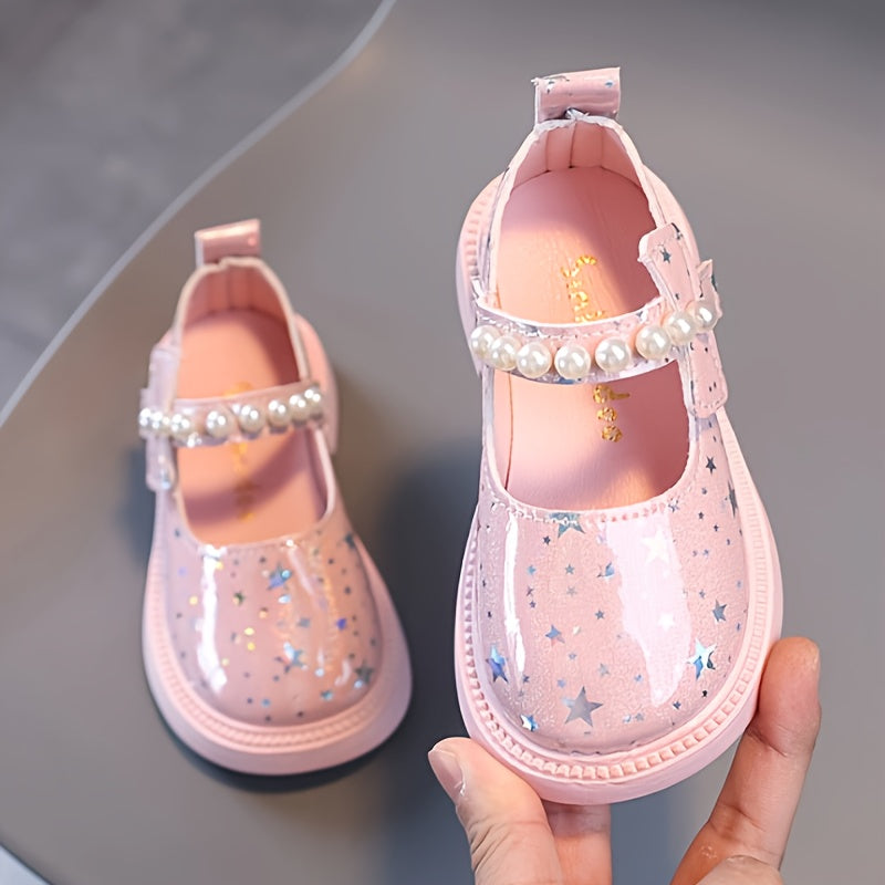 Zapatillas rosas de perla para niñas con patrón de estrellas brillantes para uso diario