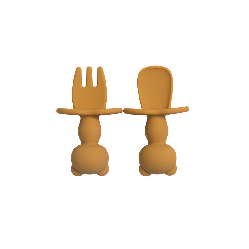 Juego de alimentación para bebé de 2 piezas, tenedor y cuchara de silicona Panda, suave, libre de BPA, vajilla para niños pequeños