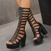 Women's Punk Style Chunky High Heel Ankle Boots with Zipper and Open Toe