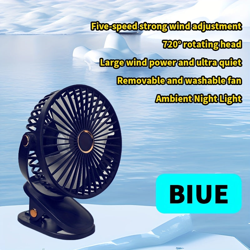 Portable USB Desk Fan with 5-Speed Adjustable, 720° Rotation, Quiet Clip Design