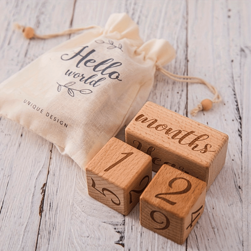 Wooden Milestone Blocks Set for Baby Photos and Growth Memories Light Brown with Drawstring Bag