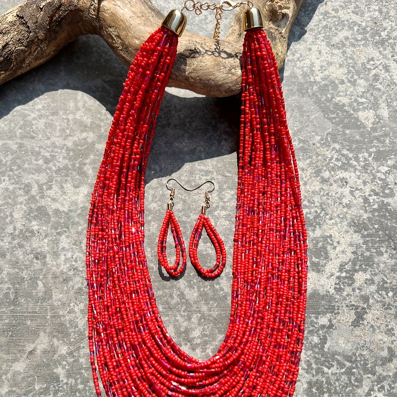 Bohemian Ethnic Style Red Rice Bead Glass Tube Necklace and Earrings Women’s Jewelry