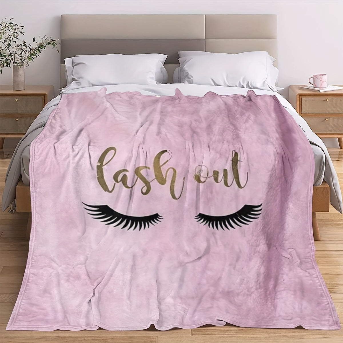 Pink Flannel Throw Blanket with Eyelash Print for Girls Women Moms All-Season Cozy Bed Sofa Chair