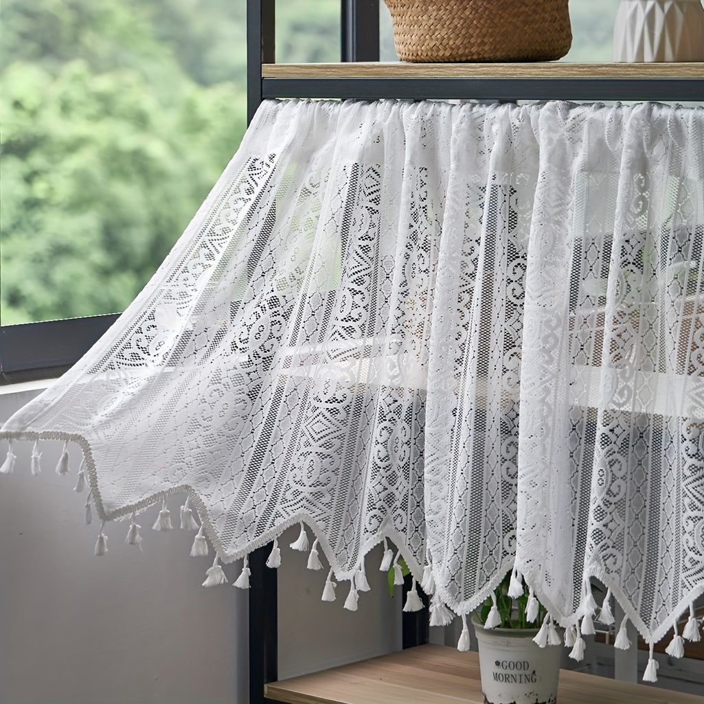 Boho Geometric Lace Tassel Cafe Curtain Tiers Polyester Semi-Sheer Thermal Insulated