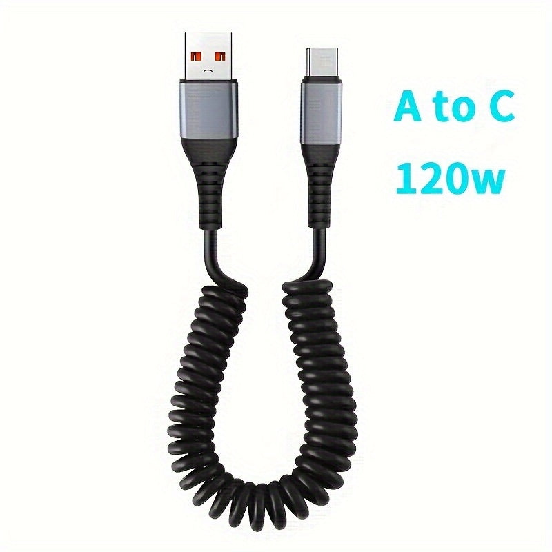 120W Fast Charging USB C to Type-C Cable Flat PVC Spring Retractable Data Transfer Compatible with Huawei Samsung Apple OPPO VIVO