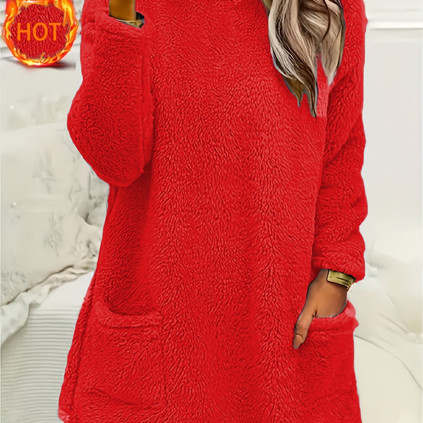 Women's Teddy Fleece Crew Neck Sweatshirt with Long Sleeves and Pocket for Fall Winter