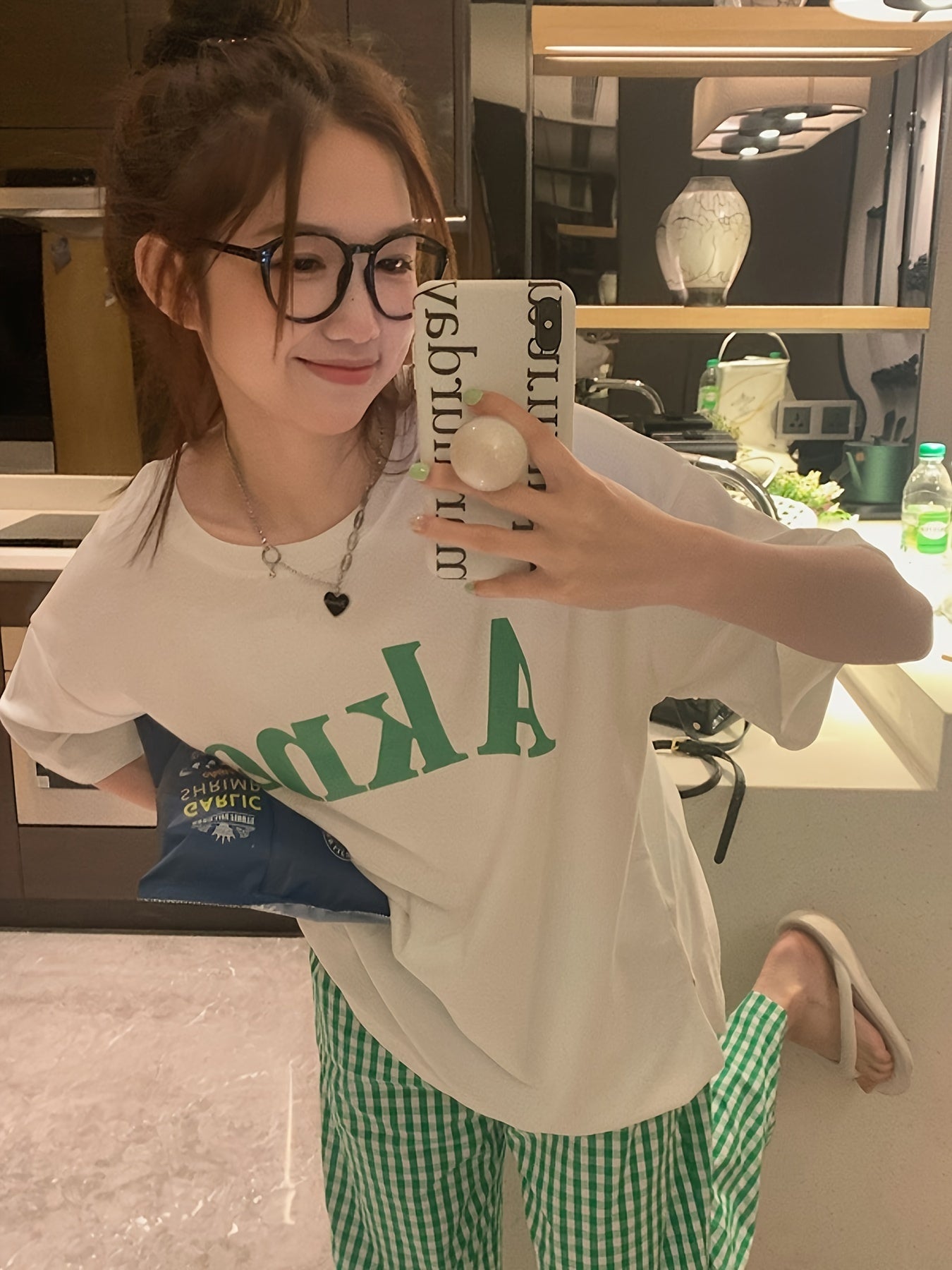 Teen Girl Plaid Letter Print Loungewear Set with Short Sleeve Crew Neck Top and Long Pants