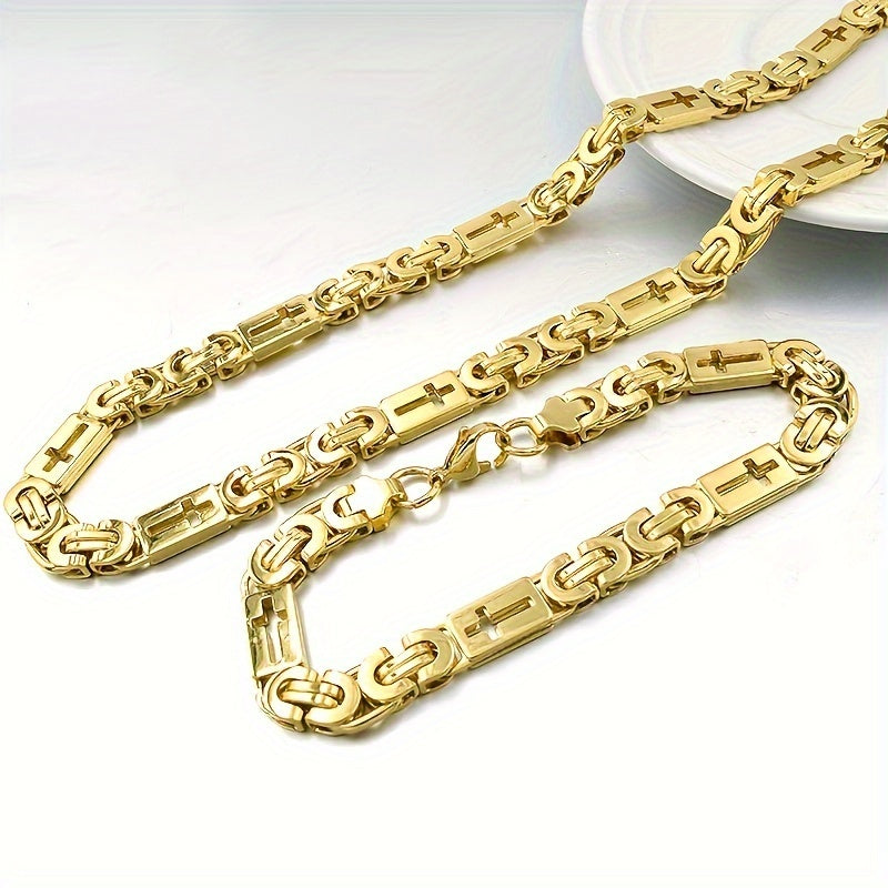Men's Stainless Steel Necklace and Bracelet Set Golden Tone Hollow-Out Design 55.88cm/22.1in