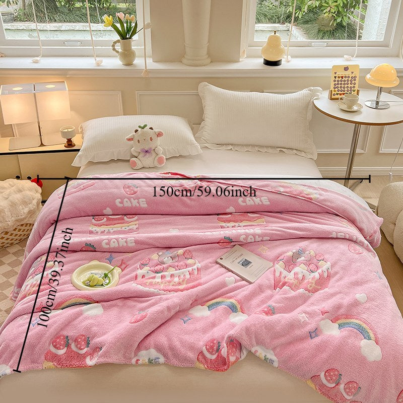 Warm Plush Throw Blanket with Birthday Cake Design, Rainbow and Strawberry Details