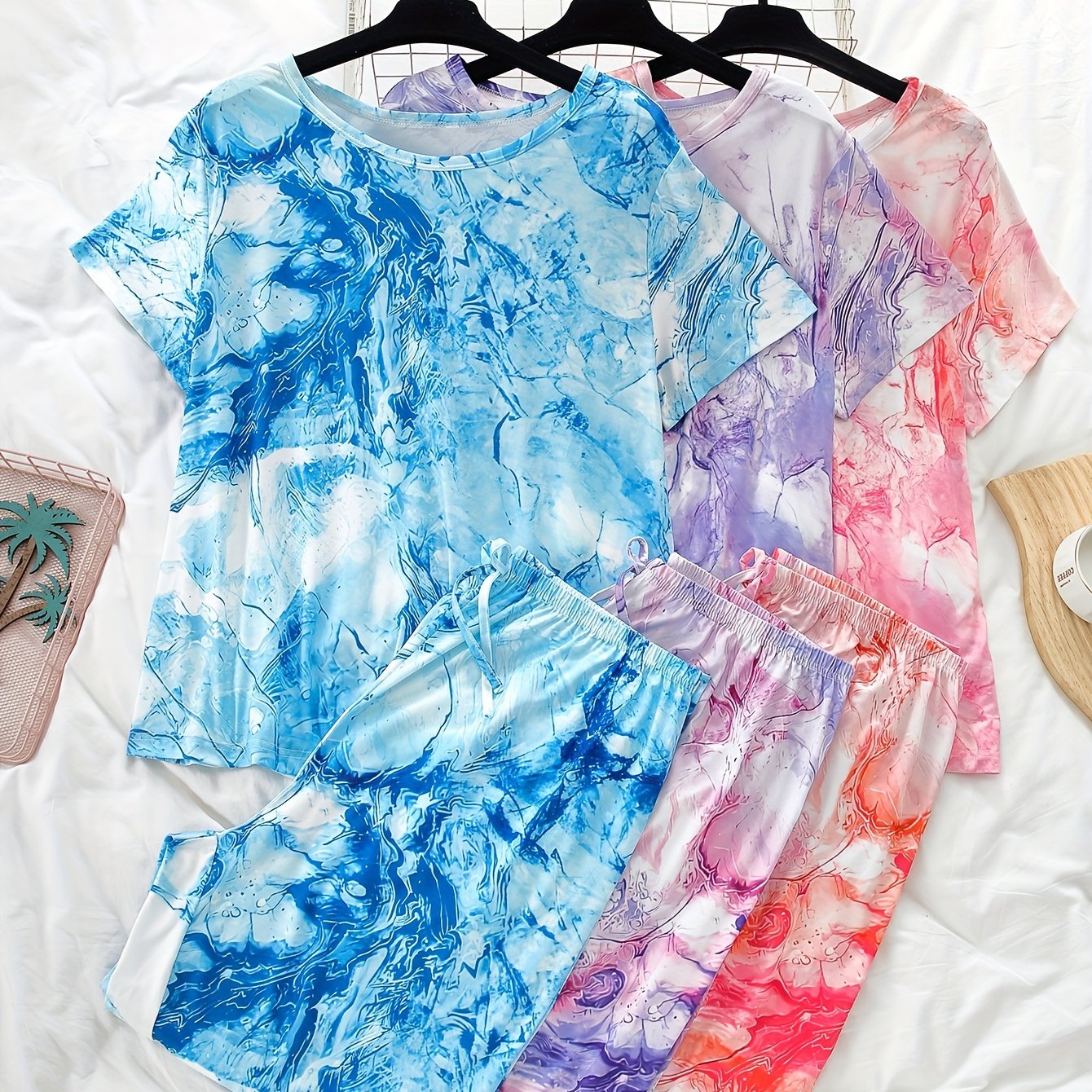 Adult Short Sleeve Leggings Set Polyester Solid Color Knit Spring Summer Casual Loungewear