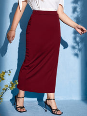 Plus Size Bodycon Skirt with Side Slit Polyester Spring Fall Burgundy Black