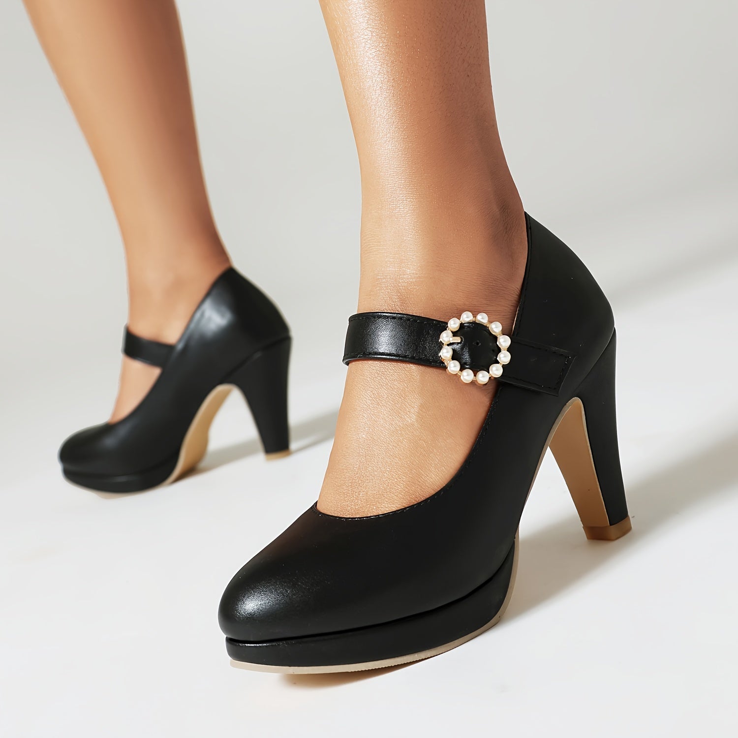 Women's Pearl Buckle Ankle Strap Pumps Solid Color Round Toe Block Heels