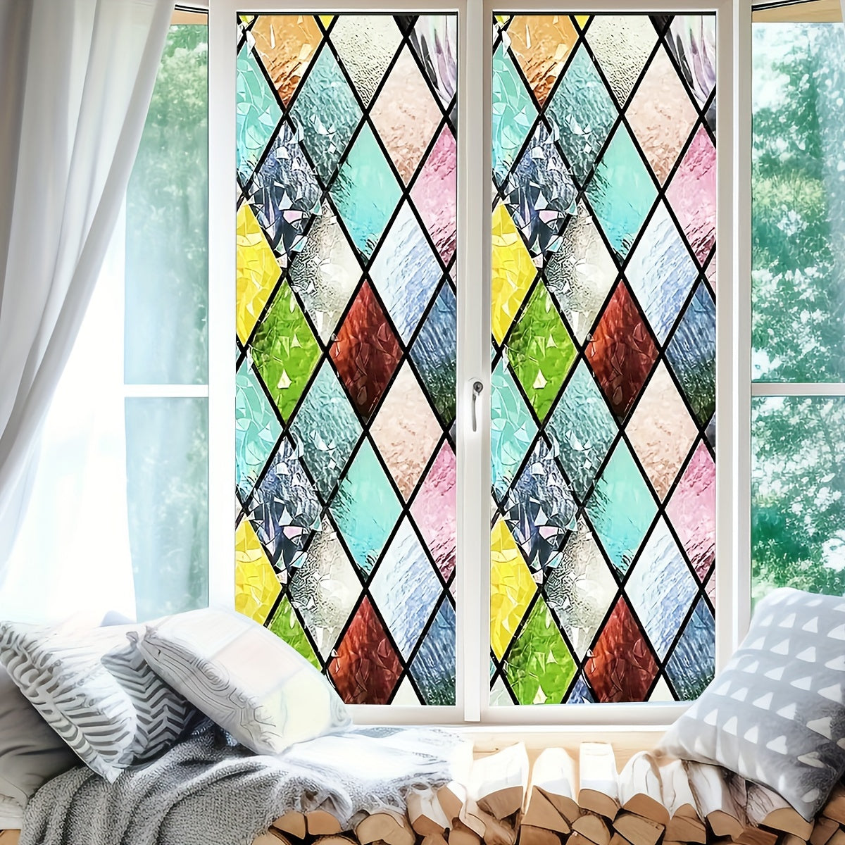 Frosted Privacy Window Film with Crescent & Diamond Pattern, Heat Control, No-Glue, Semi-Transparent, 9mil PVC