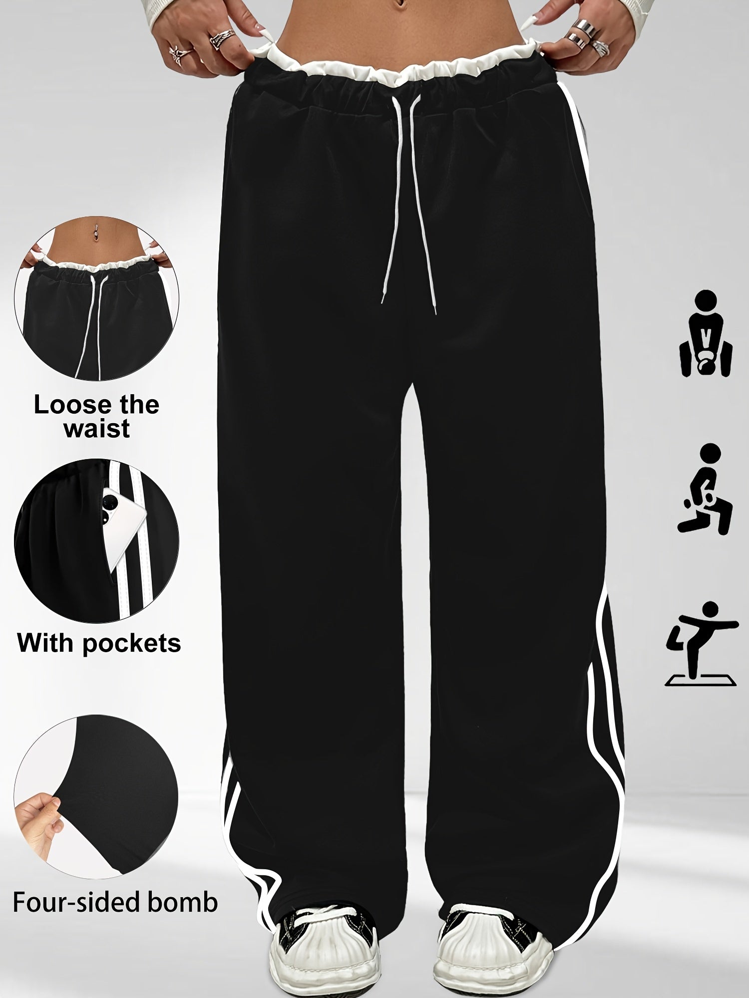 Women's Plus Size High-Waisted Side Stripe Joggers Light Beige Yoga Workout Drawstring