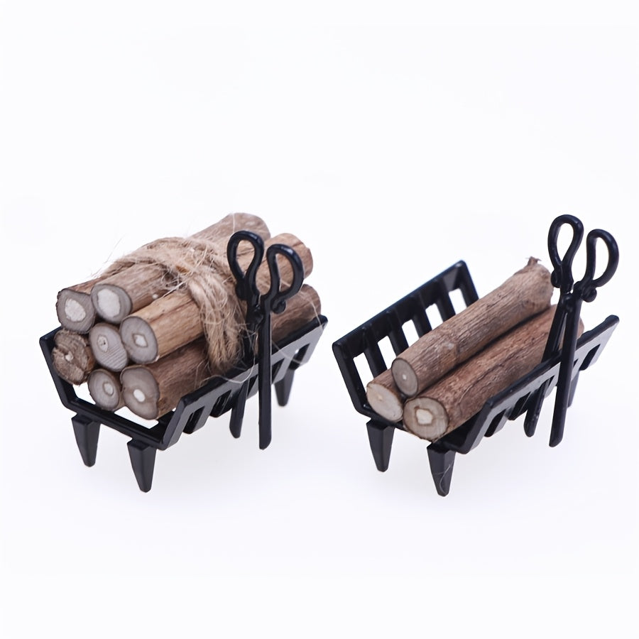 Vintage Mini Fireplace Scene with Black Metal Log Rack for Home Decor