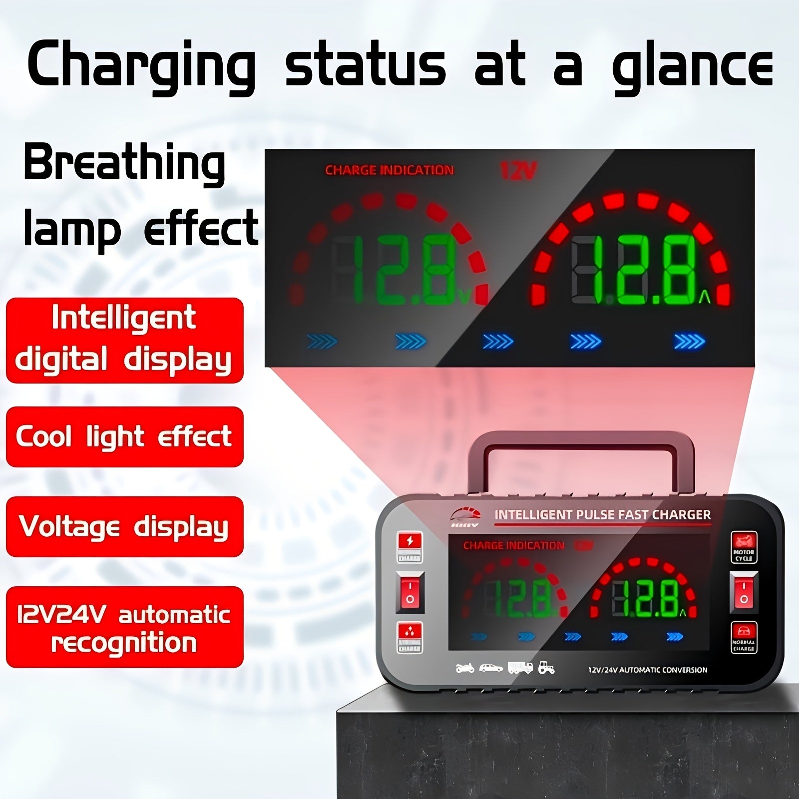 Smart Car Battery Charger with LCD Display 12V 24V Automatic Recognition Compatible with Cars Motorcycles Trucks