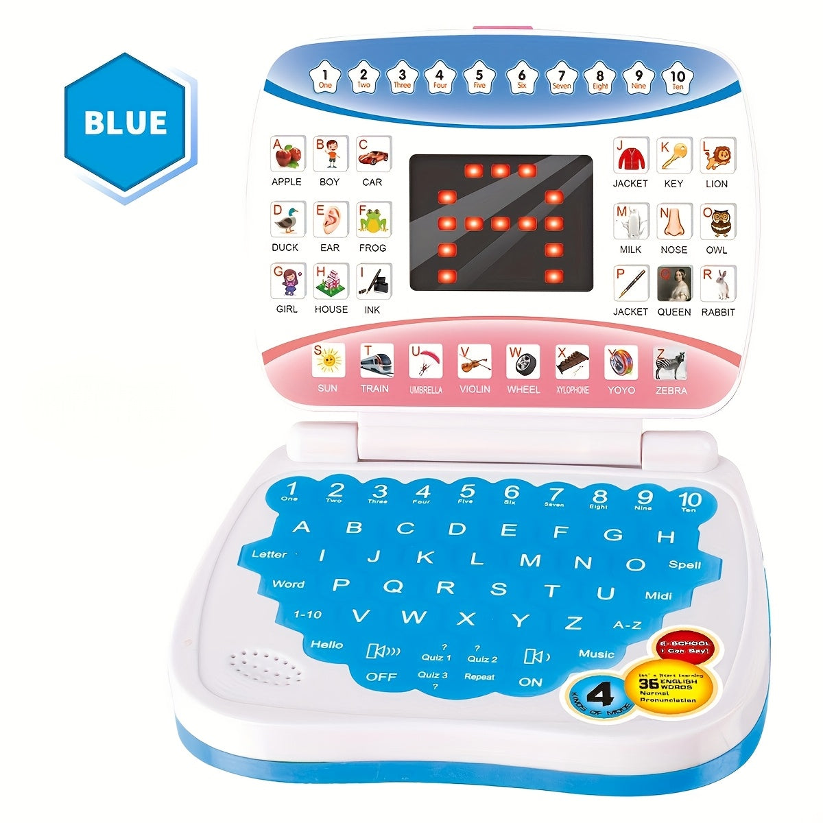 Mini Educational Laptop Toy for Kids 3+ with Letters Numbers and Music White Blue Pink