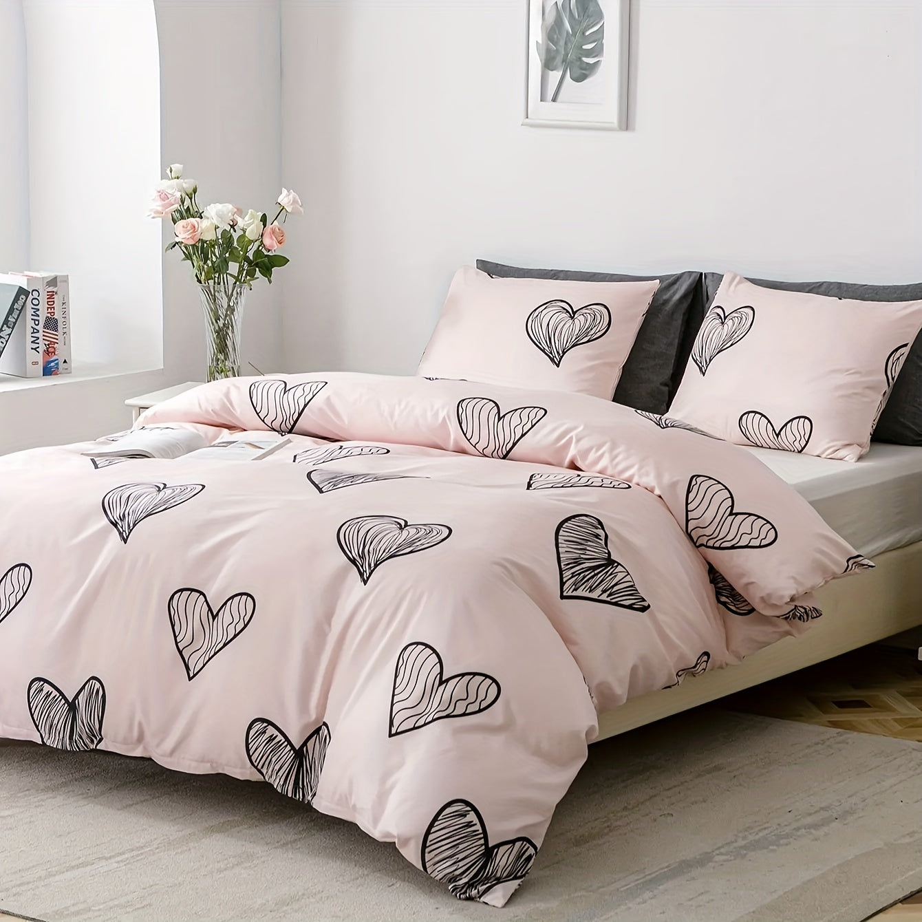 Pink Heart Pattern Pillowcases Set Soft Breathable Polyester Envelope Closure