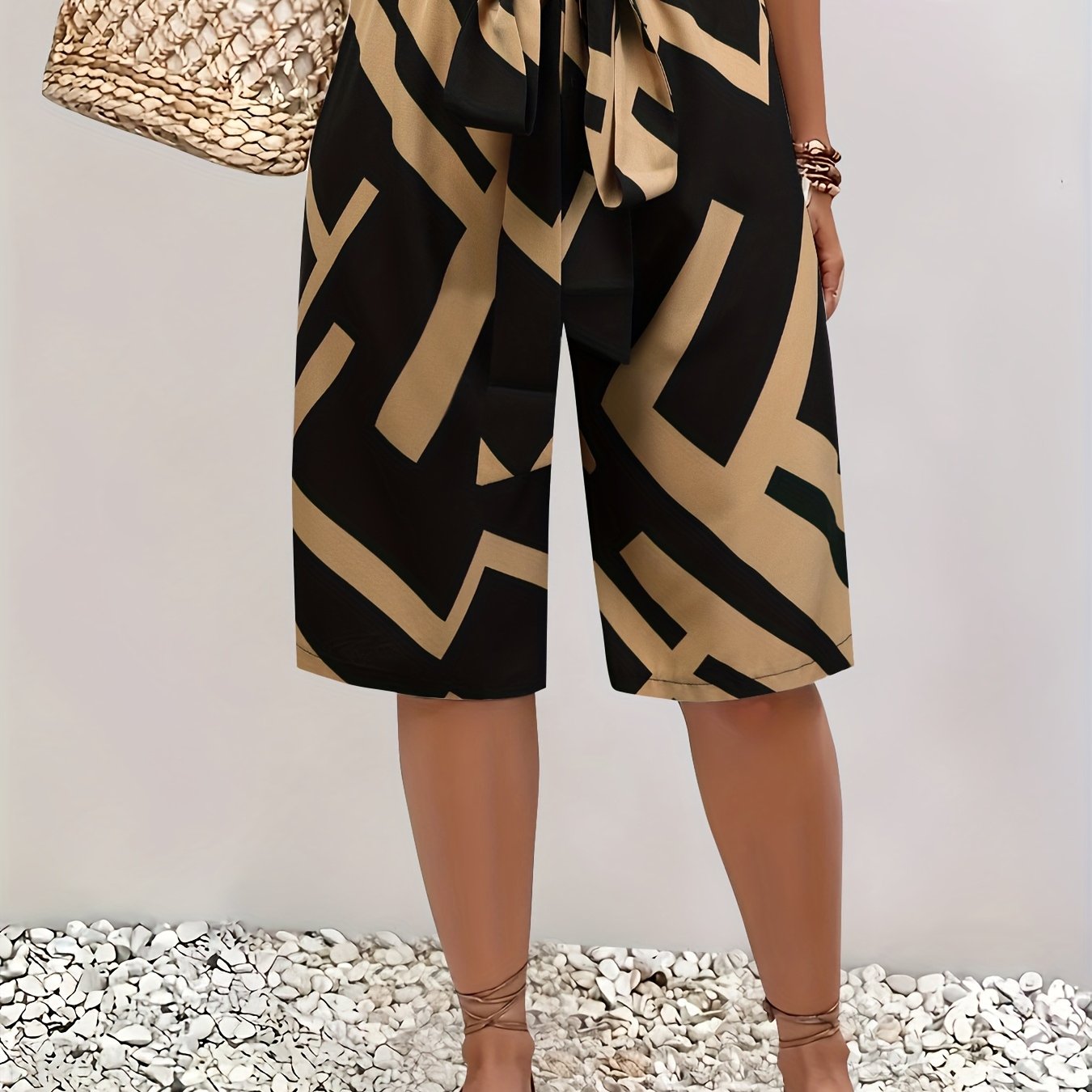 Брюки для женщин больших размеров с геометрическим принтом, повседневные с шнурком, черные с золотым
