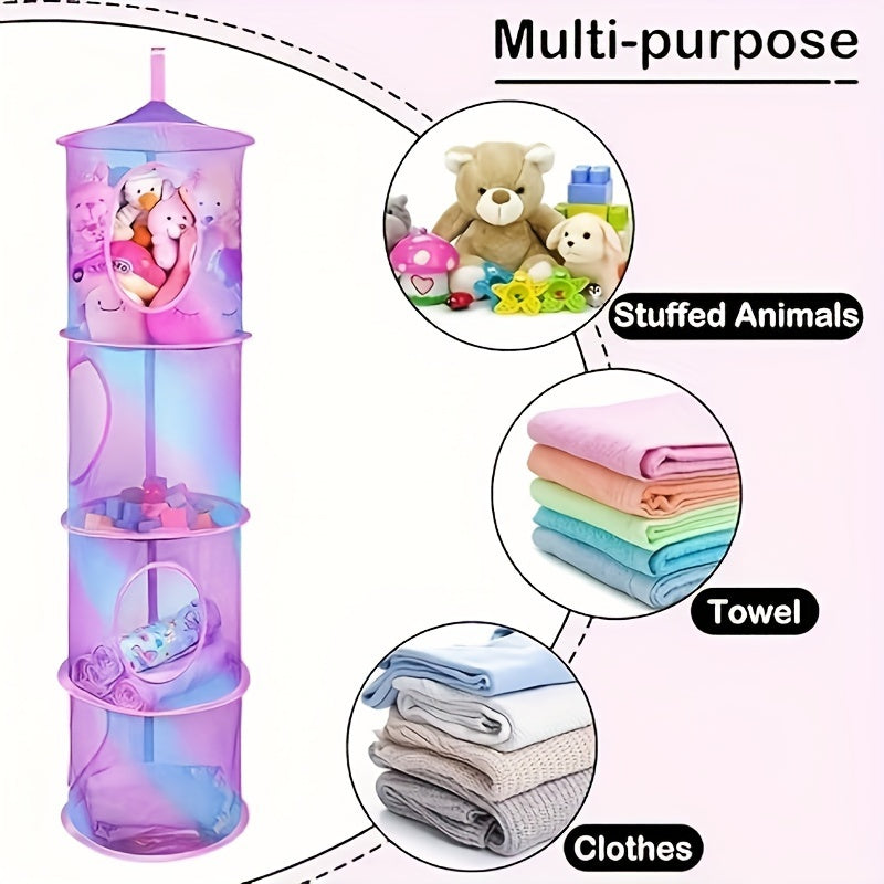 Gradient Polyester Hanging Toy Organizer 3-Tier Plush Storage Net for Stuffed Animals