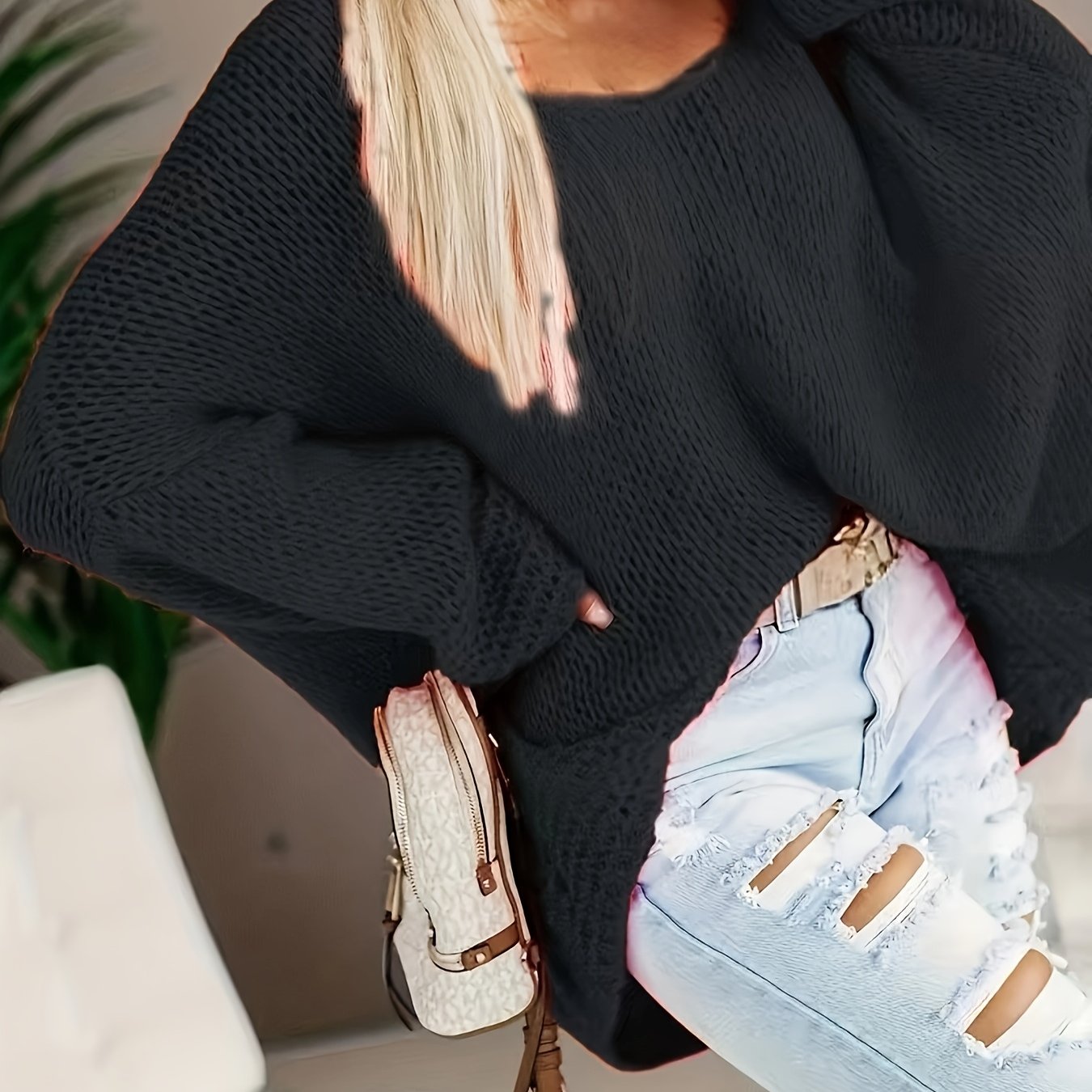 Женский свитер большого размера с V-образным вырезом и открытыми плечами, текстурированный пуловер для осени и зимы