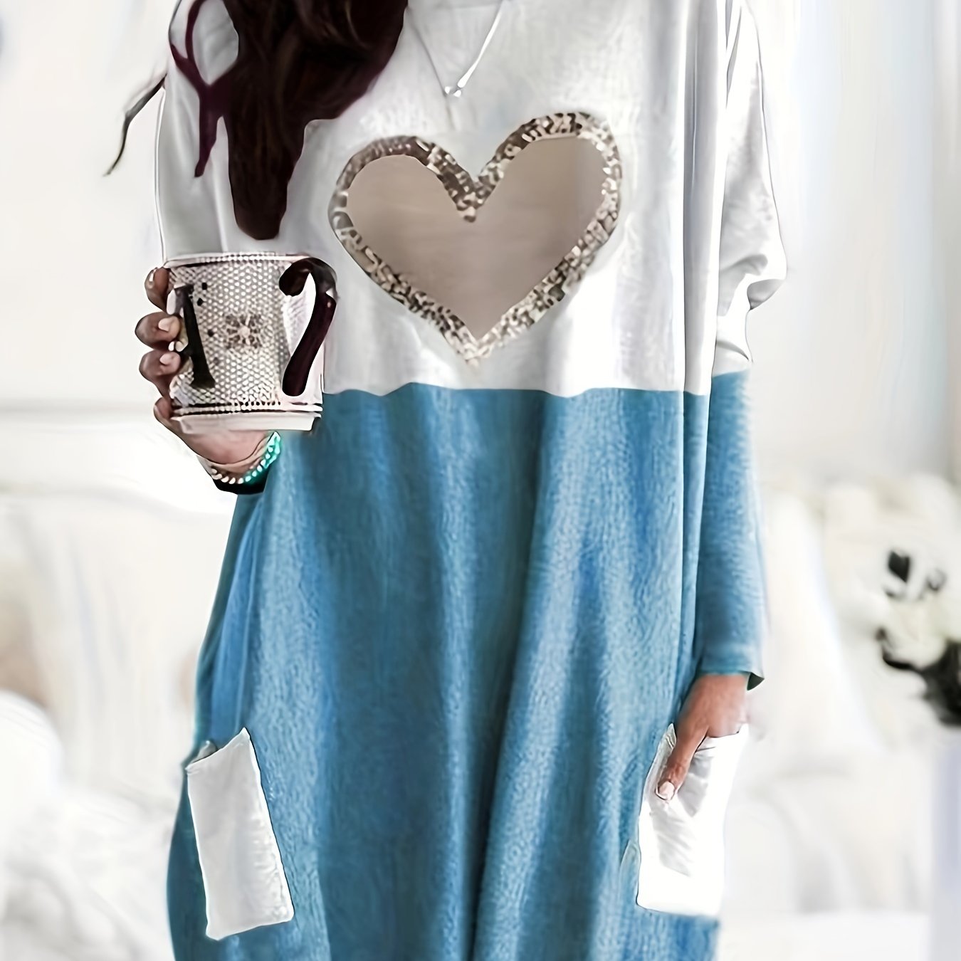 Women's Long Sleeve T-Shirt Heart Print Color Block Fall Winter Easy Care
