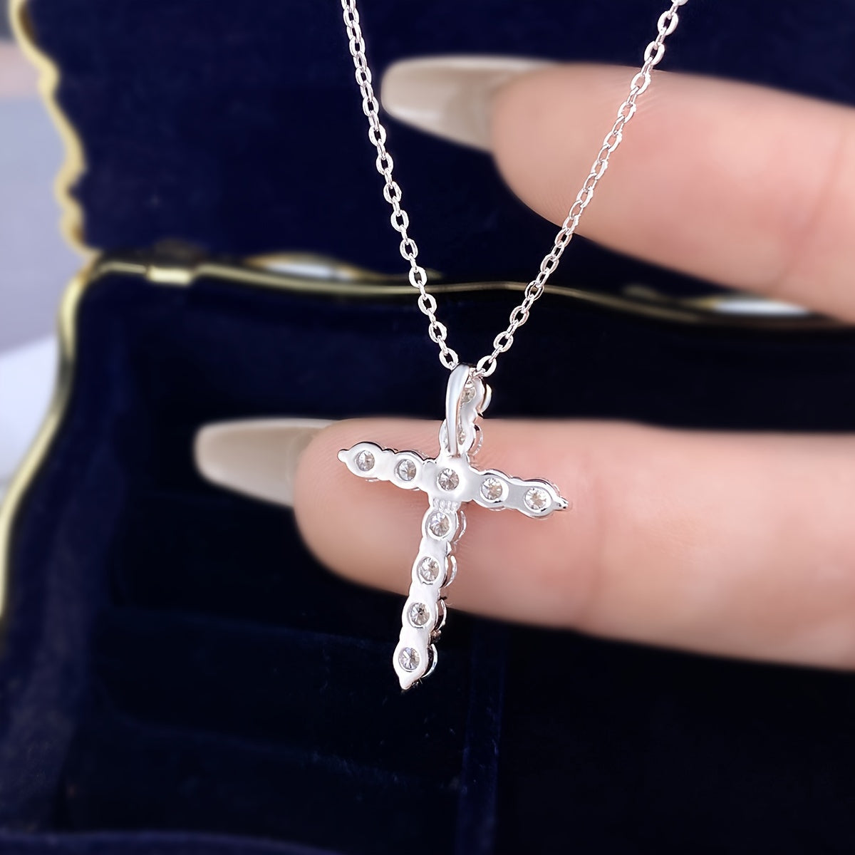 Sterling Silver Cross Necklace with Moissanite Stones for Weddings