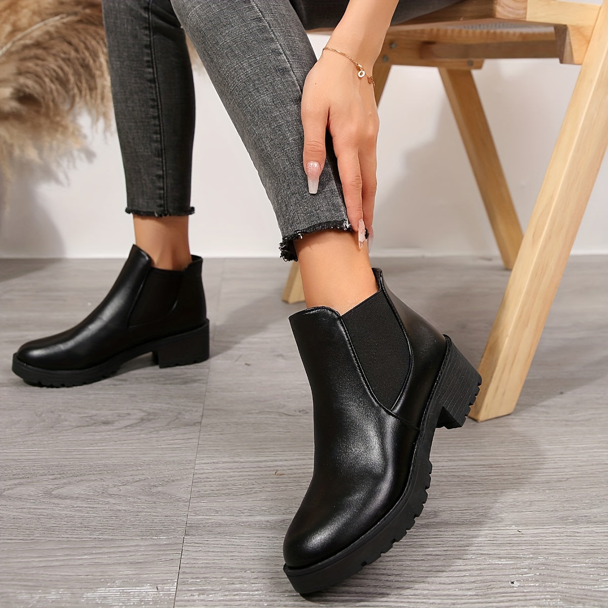 Women's Faux Leather Chelsea Boots Black Low Heel Slip-On Ankle Shoes