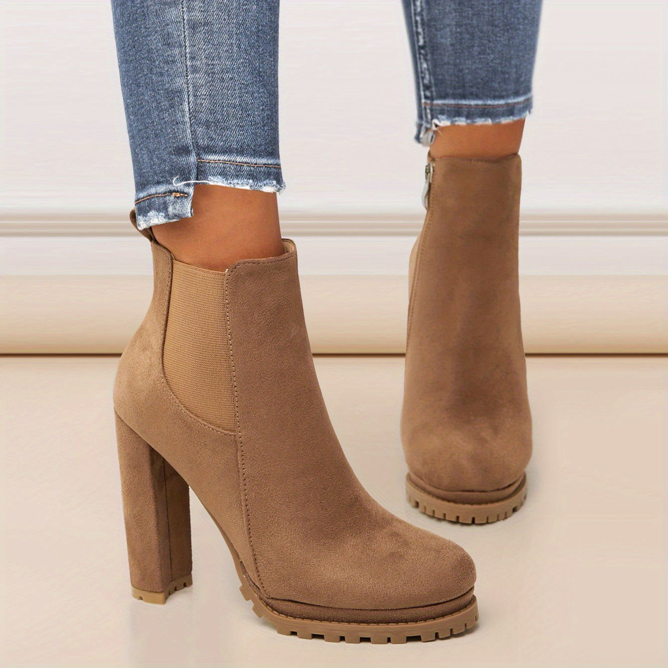 Women's Leather Pointed Toe Short Boots Side Zipper Chunky Heel