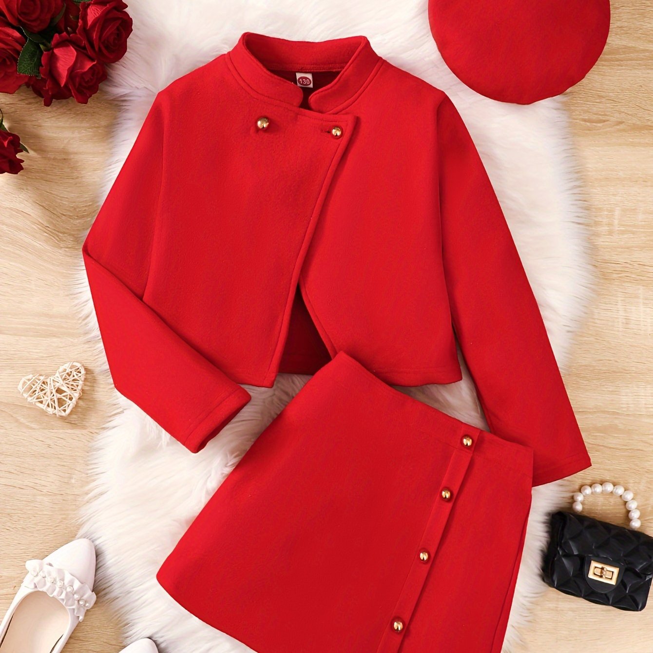 Girls Tween Chinese Style Fitted Short Skirt Set with Red Coat and Beret for Fall Winter