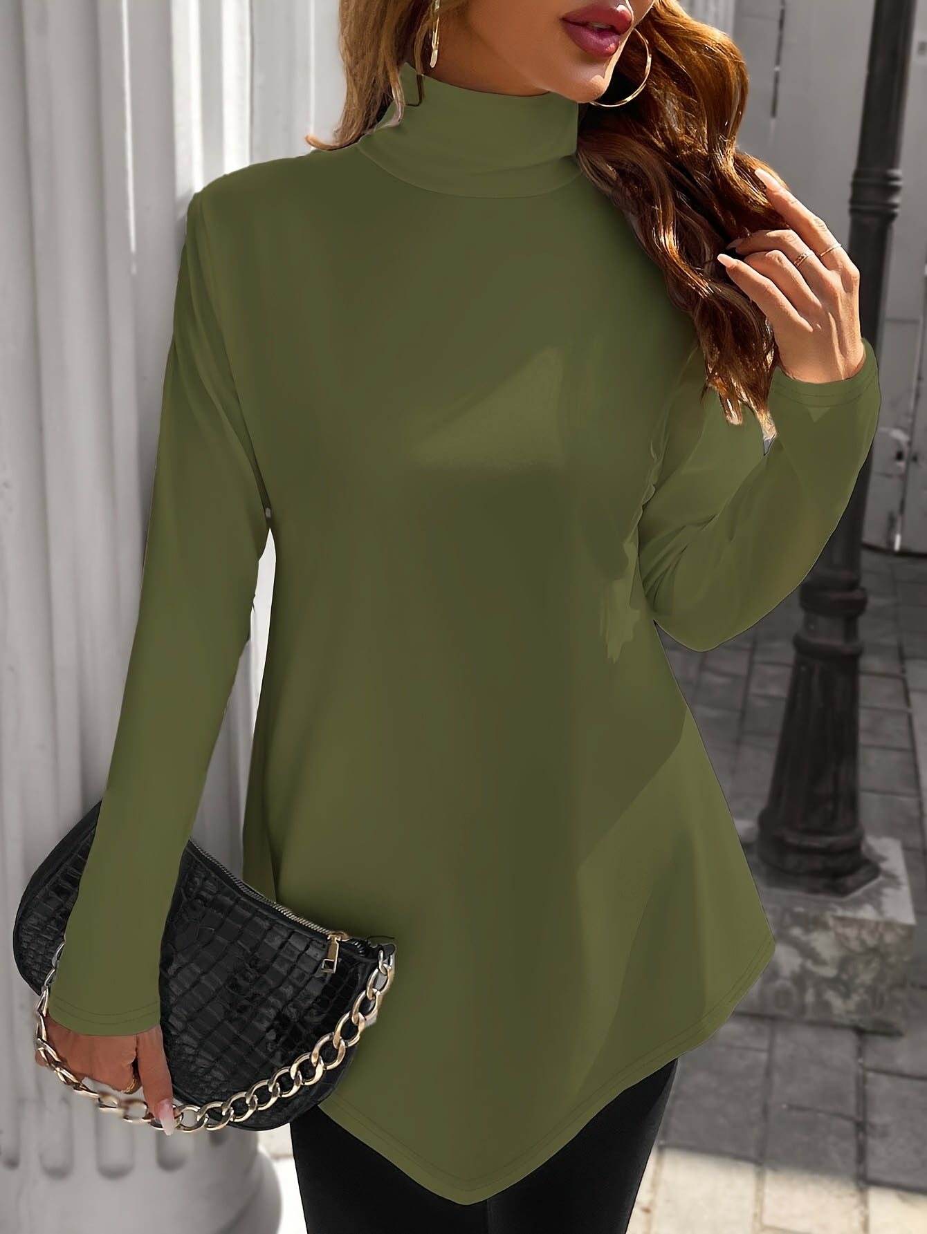 Plus Size Women's Long Sleeve Black Asymmetrical High Neck Top Casual Chic Blouse