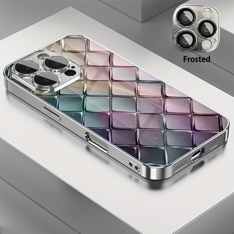 Rang-barang shisha teksturasi olmos tarmog'i naqshli telefon qobig'i, linza himoyasi bilan, iPhone modellari uchun