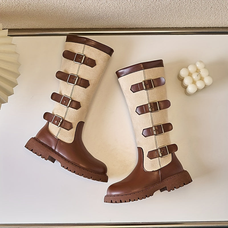 Girls Knee-High Zipper Boots with Rubber Sole for Autumn and Winter