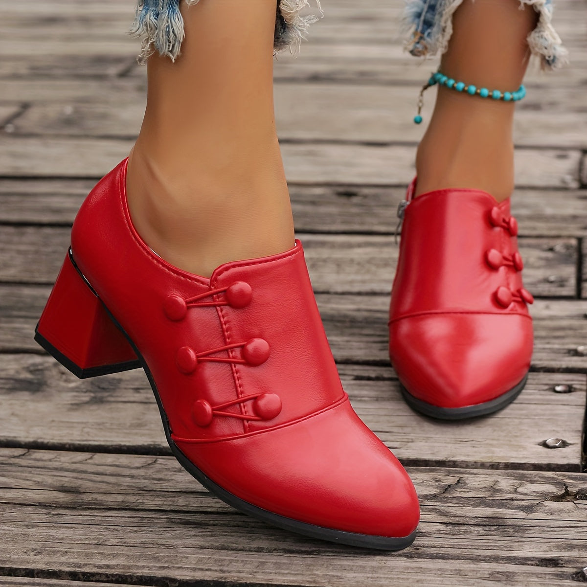 Women's Solid Color Block Heel Pumps with Side Zipper and Slip-On Design